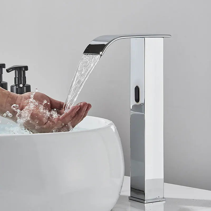 Hownifety Hot Cold Smart Sensor Bathroom Basin Faucet Deck Mount Waterfall Outlet Mixer Crane Tap Automatic Sense Touchless