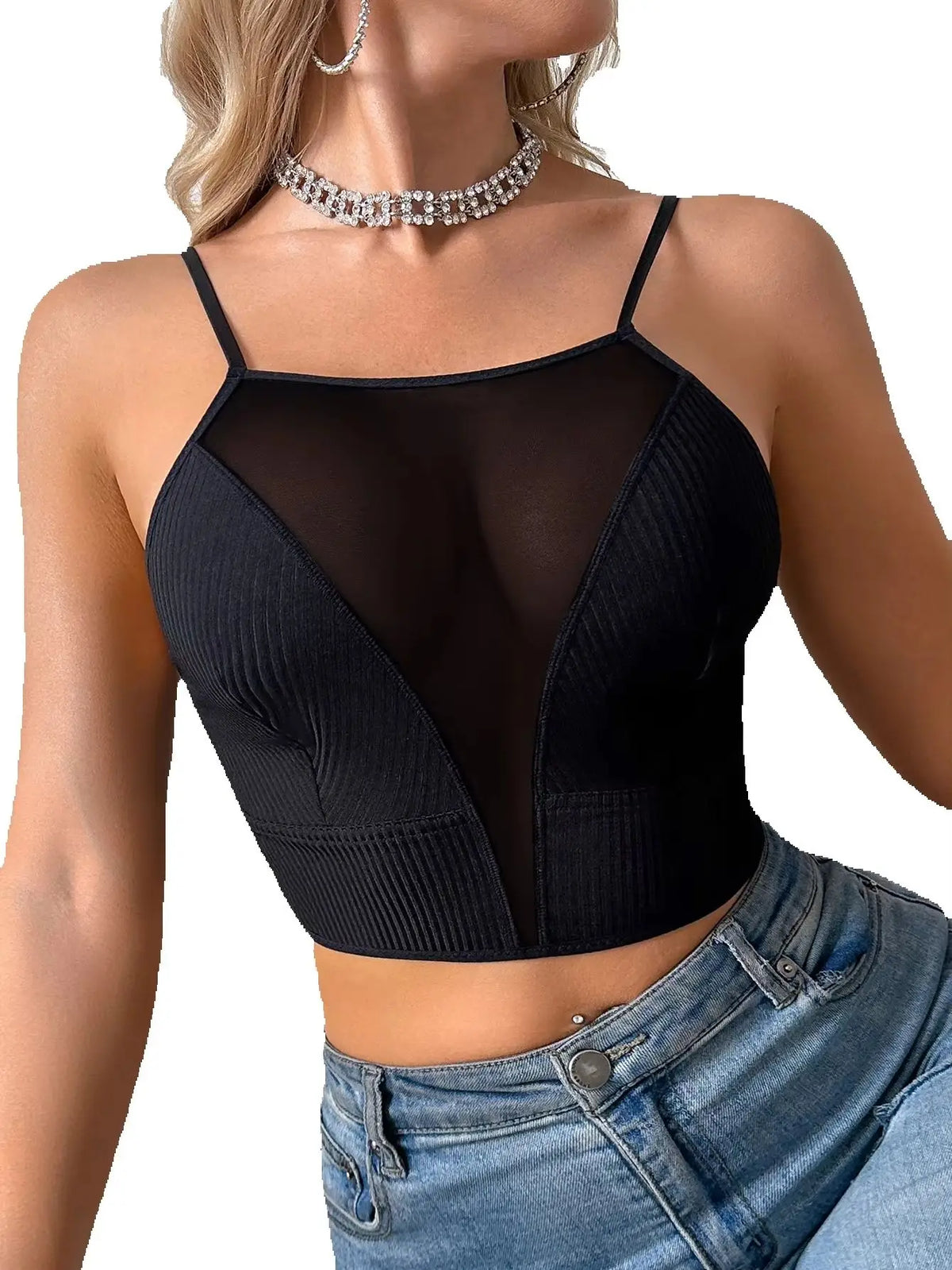 Women Sheer Mesh Cropped Camisole Top Ribbed Wireless Tank Top Thin Sexy Lingerie Bra