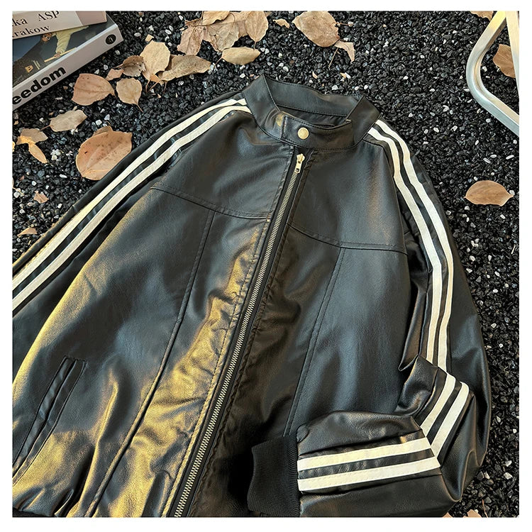 Men's Brown Leather Jacket American Retro Patchwork Striped Outerwear Youthful Style Summer Biker Coat Long Sleeve Zipper Clo...