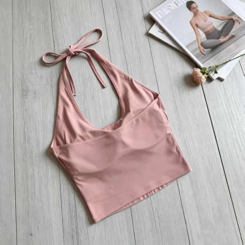 Women Halter Tie‑Up U‑Neck Yoga Sports Top Stylish Design Breathable Comfortable Integrated Fixed Cup Cropped Tank Top Fitness
