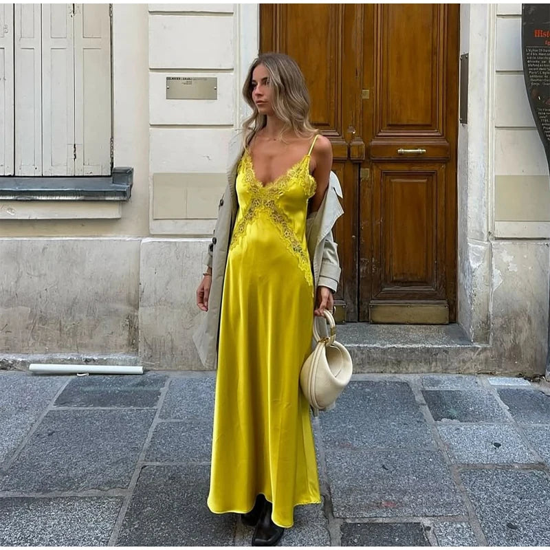 Chic Solid Lace Patchwork Satin Dress Fashion Sleeveless Off-shoulder Sling Maxi Dresses Party Daily Outdoor Casual Attire 2026