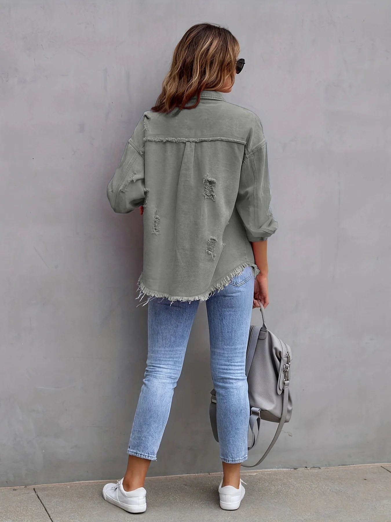 Women's Fashionable Solid Color Mid-Length Ripped Denim Jacket Long-Sleeved Spring Autumn Trend