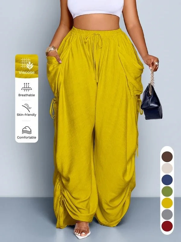 Loose Wide Leg Pants Drawstring Elastic Waist Pure Color Casual Trousers Women's High Waist Straight Cut Summer Fashion