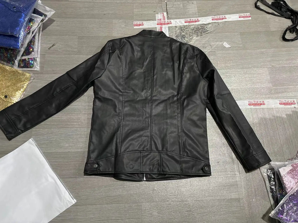 Winter Stand Collar Zip-Up Pocket PU Leather Jacket Men's Slim Business Casual
