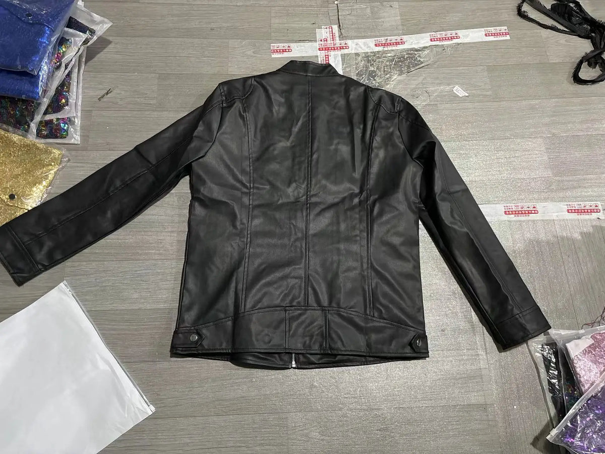 Winter Stand Collar Zip-Up Pocket PU Leather Jacket Men's Slim Business Casual