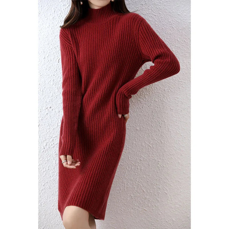 Fashion Cashmere Sweater Womens Knitted Dresses 100% Merino Wool Turtleneck Elegant Dress Autumn Winter Long Sleeve Short Skirts