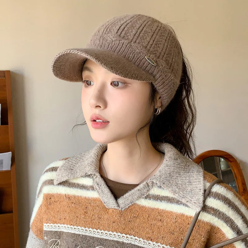 1pc Women's Solid Color Knitted Baseball Cap with Baseball Cap, Knitted Cap for Cold Weather,Suitable for Daily Use Winter Fall