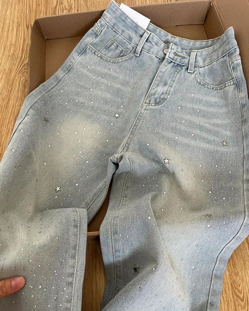 Elegant Light Blue Beaded Straight Denim Pants for Women High Waist Slim Fit Wide Leg Long Trousers