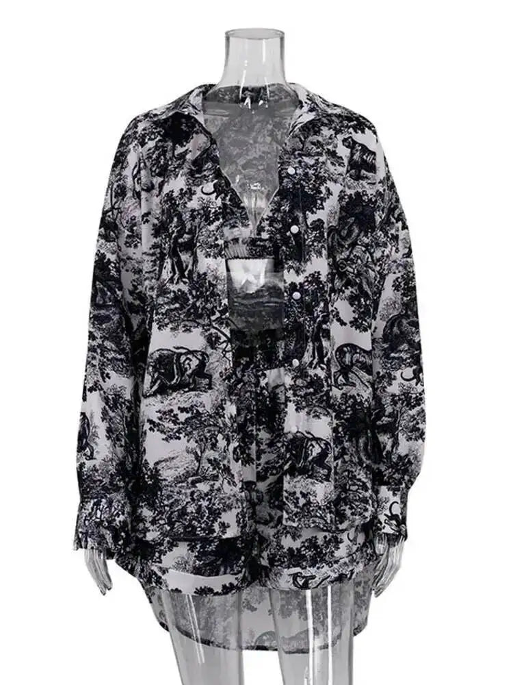 Retro Ink Shirt Three-piece Shorts Suit Women's Summer Casual Long Sleeve Button Print Fashion Shirt With Shorts Suit BX98
