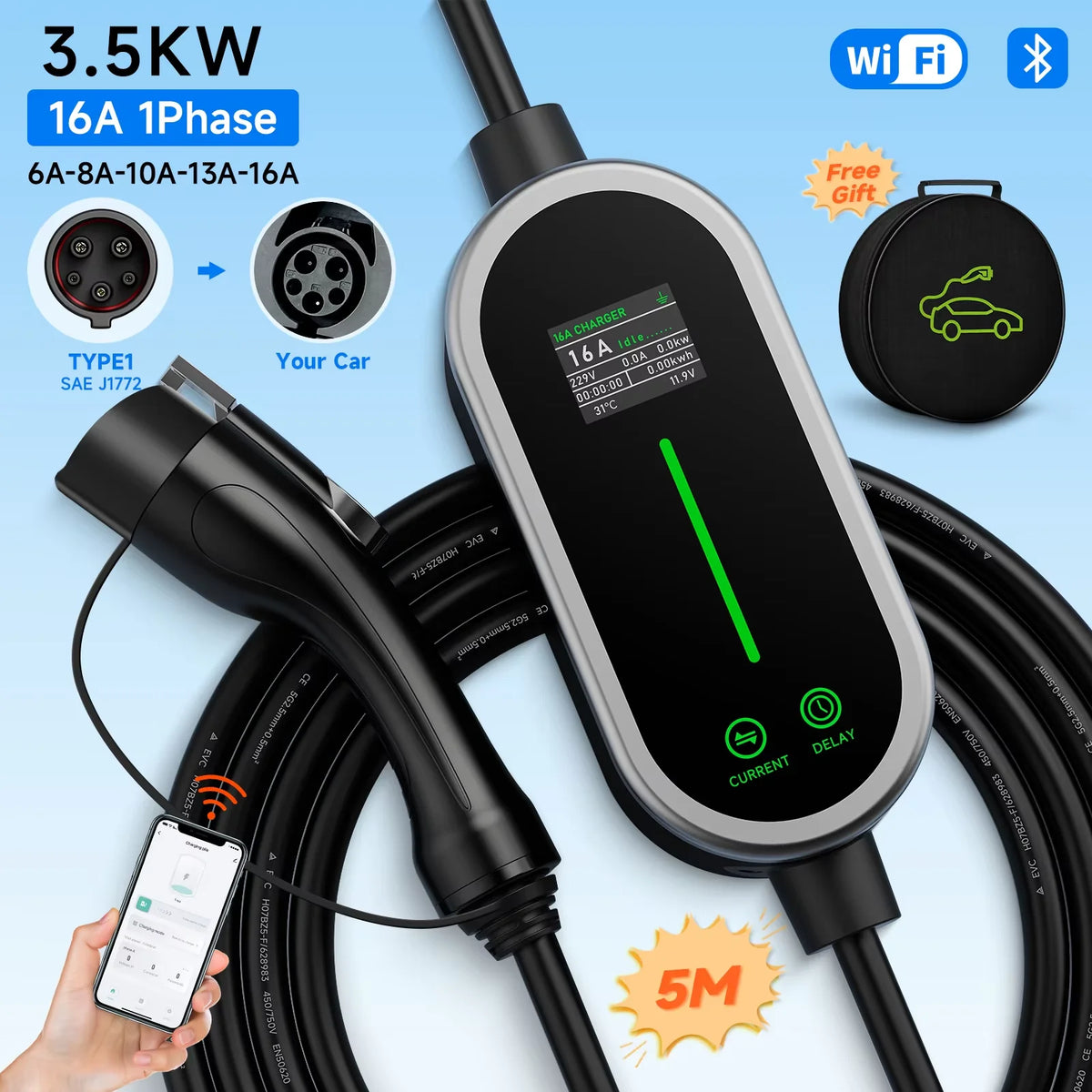 3.5KW 16A Portable EV Charger Type2/Type1 Electric Car Charger EVSE Fast Charging Cable Wallbox WiFi APP Bluetooth Control