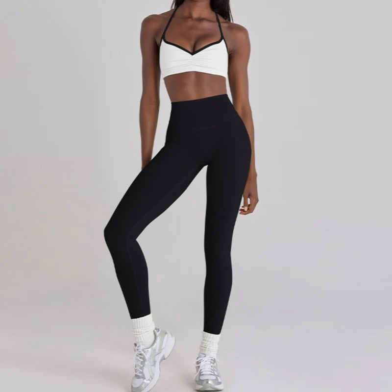 Women 2 Piece Yoga Set Ruched Front T Back Sports Bra High Waist Leggings Soft Stretchy Nude Fabric Gym Running Workout Outfit
