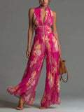 White Pleated Neck Women's Jumpsuit Long Wide Leg Fashionable Sexy Pleated