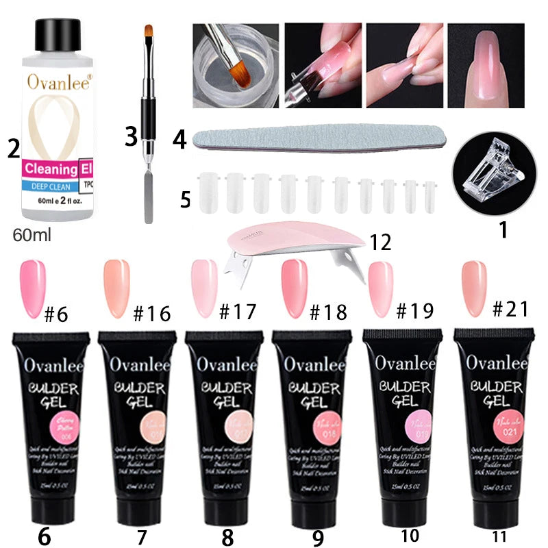 Ovanlee 18-Piece All-in-One Nail Builder Gel Kit – 12 Colors 15ml Polygel with Mini UV/LED Lamp, Cleaning Fluid, Nail Tips & Tools – Form-Free DIY Manicure Extension & Strengthening Set