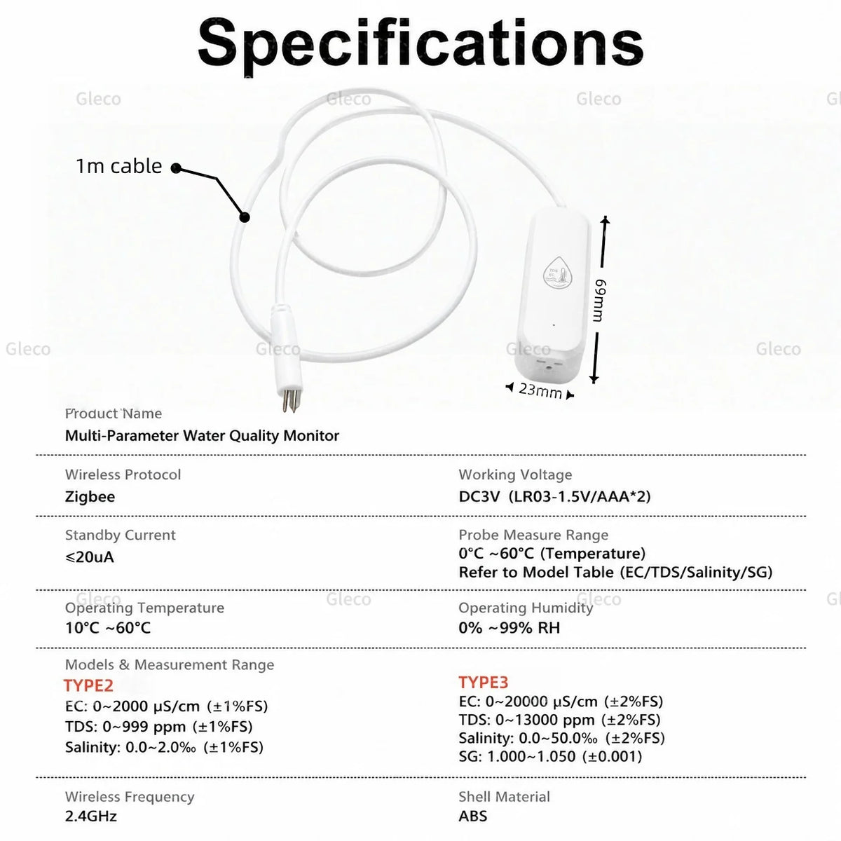 7in1 Zigbee Water Quality Monitor Smart Home Probe Temperature Humidity Sensor TDS SG Meter EC Salnity Tester For Zigbee2mqtt