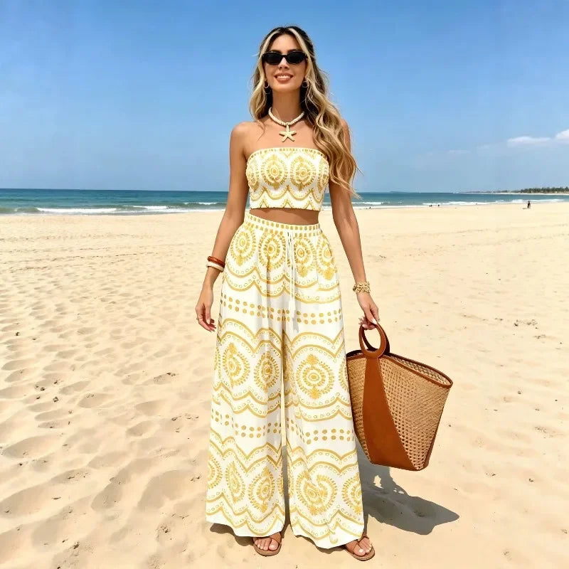 New Bohemian Vacation Plant Print Bandeau Wide Leg Pants, Fashion Two Piece Outfit