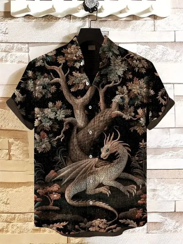 Men's new retro linen short sleeved shirt with giant monster pattern printed casual and comfortable button top
