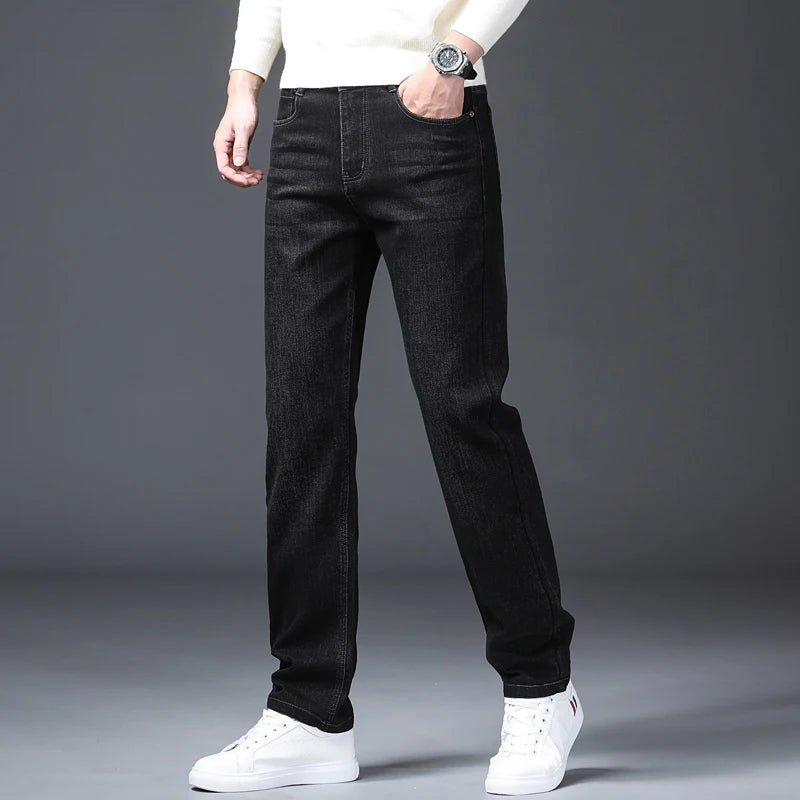 Classic Straight Men's Jeans Spring Slightly Thick Elastic Casual Office Business Trousers Fashion Comfort Washed Denim Pants