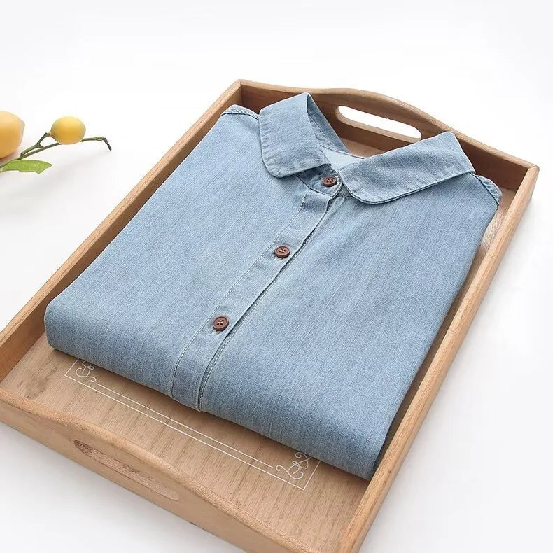 Mori kei denim blouses women spring autumn Japanese peter pan collar blue solid denim shirts casual jean basic shirts