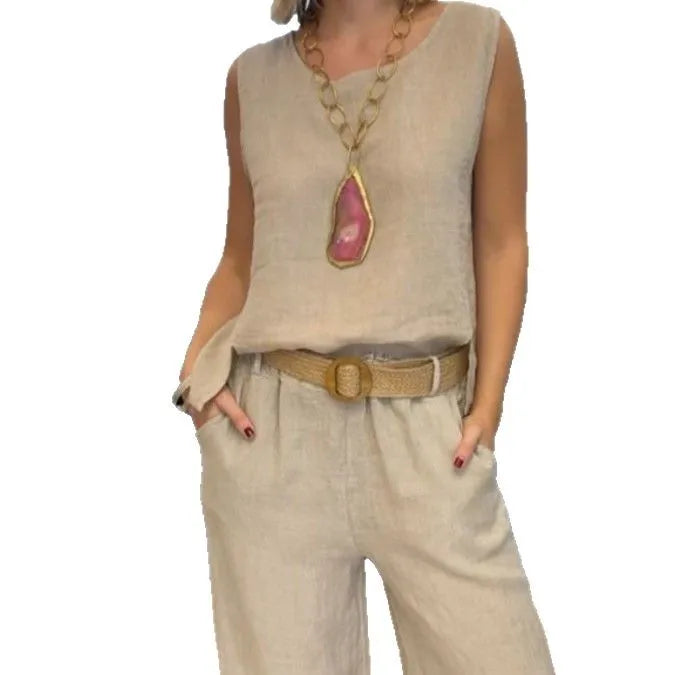 Summer Fashion Retro Casual Solid Color Cotton Linen Suit Women's Sexy O-neck Sleeveless Vest + Trousers Suit Two-piece Suit