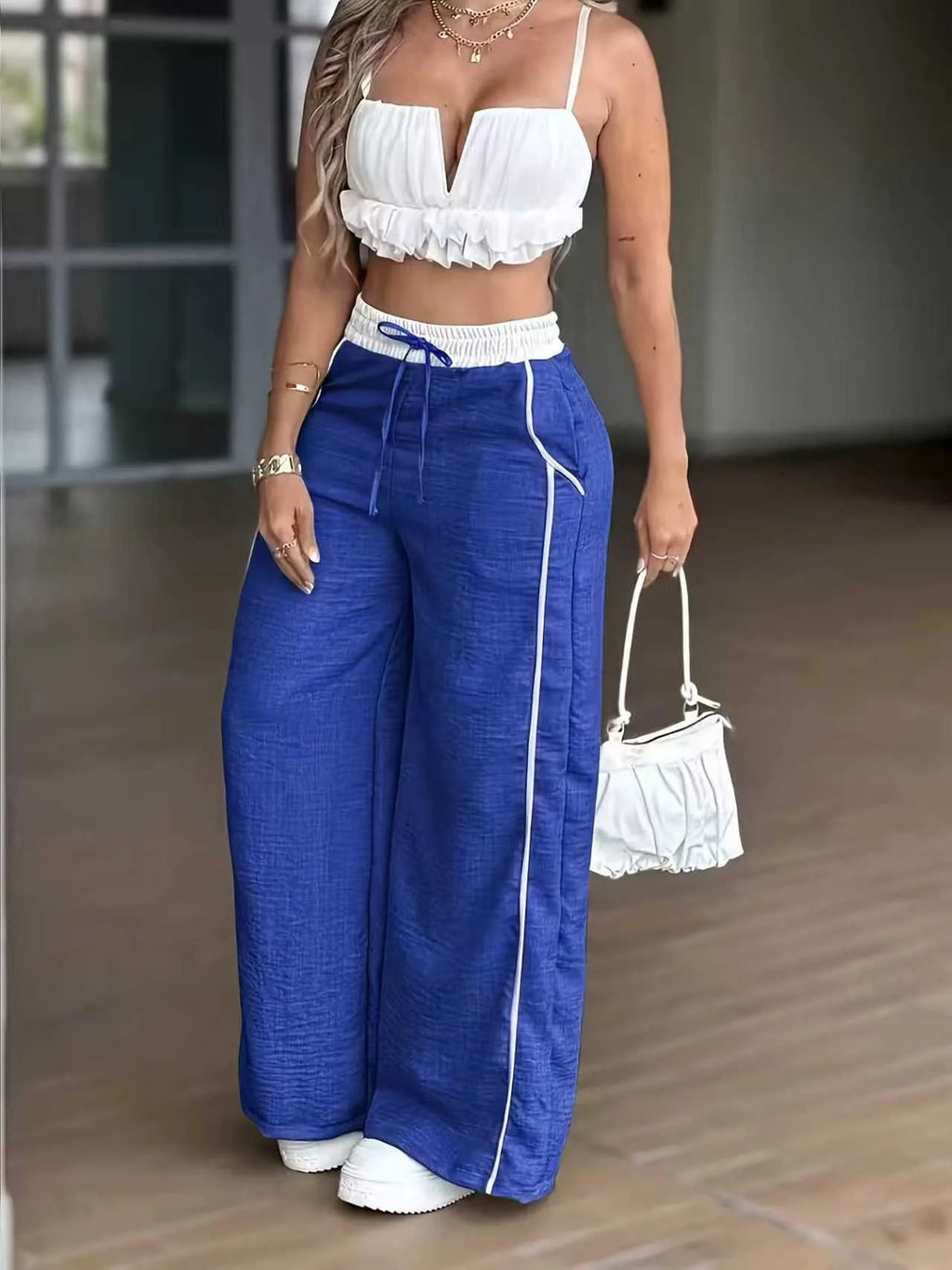 Beige High Waist Pants Full Length Drawstring Waist Trousers Side Stripe Pocket Detail Wide Leg Pants Solid Color Black Pants