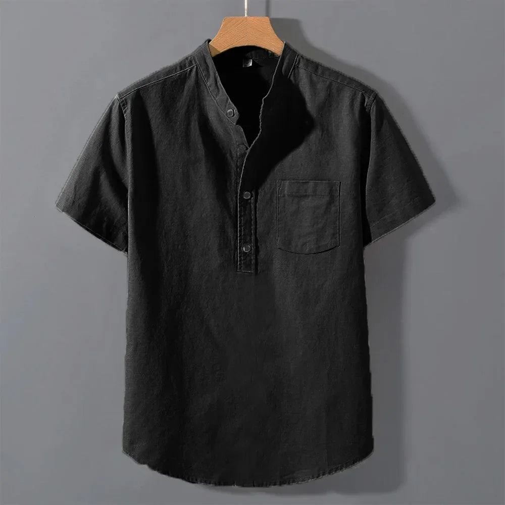 Men's Summer Solid Colour Short Sleeve Shirt Pocket Design Daily Casual Comfortable Breathable Cotton Linen Shirt Top