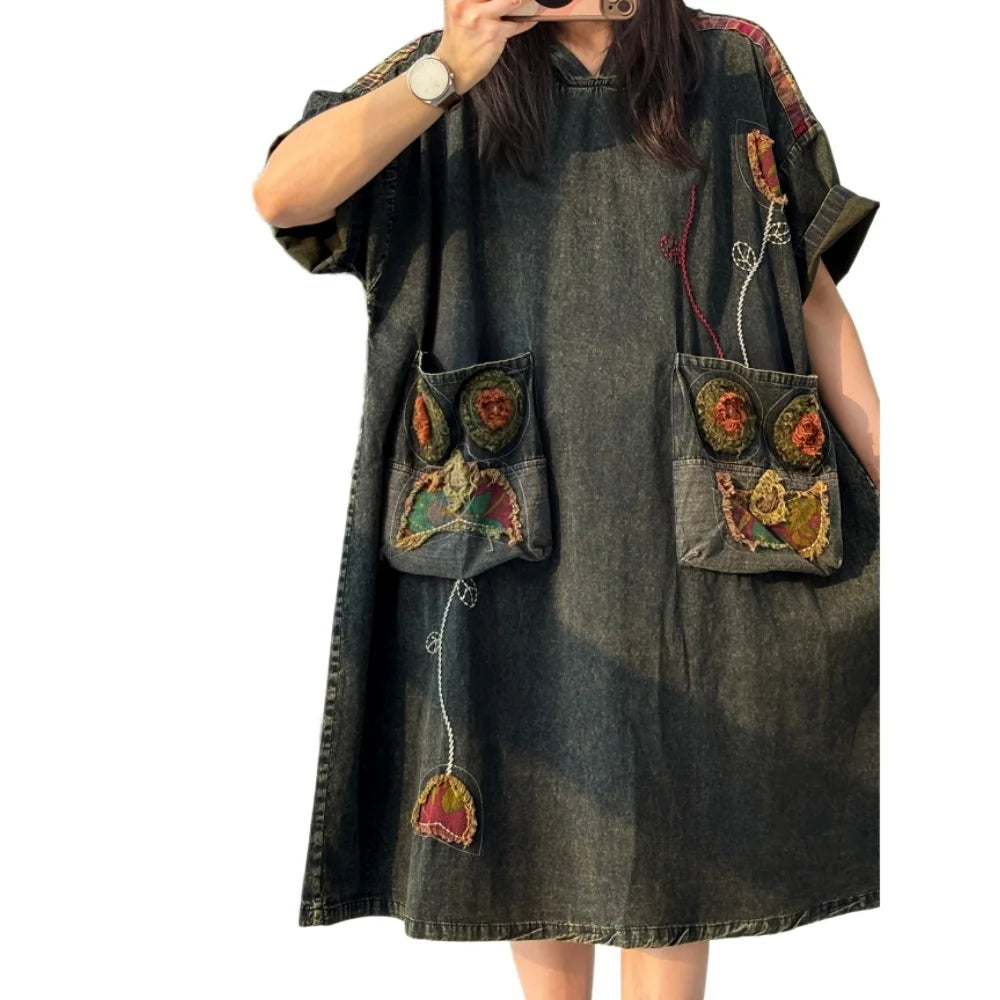 Travel Ethnic Style Artistic Embroidered Hooded Short-Sleeve Denim Dress Women Large Pockets Loose Dress LX5249