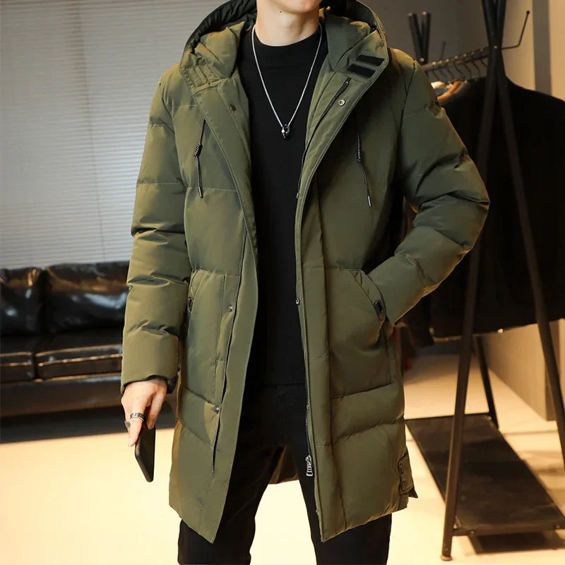 2023 Warm Hooded Mid-length Jacket Mens Casual Zip Up Cotton Padded Jacket Overcoat Autumn Winter Windbreaker Coats Men Clothing