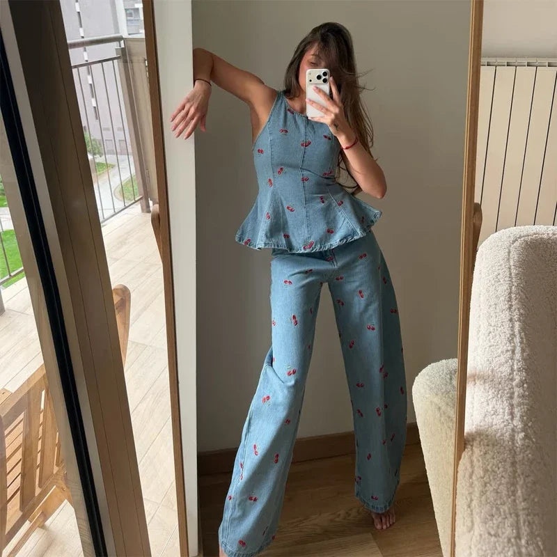 Denim Printed Pants 2 Piece Set Women Elegant Round Neck Sleeveless Vests Slim Long Pant Suits 2026 Lady Daily Street Outfit New