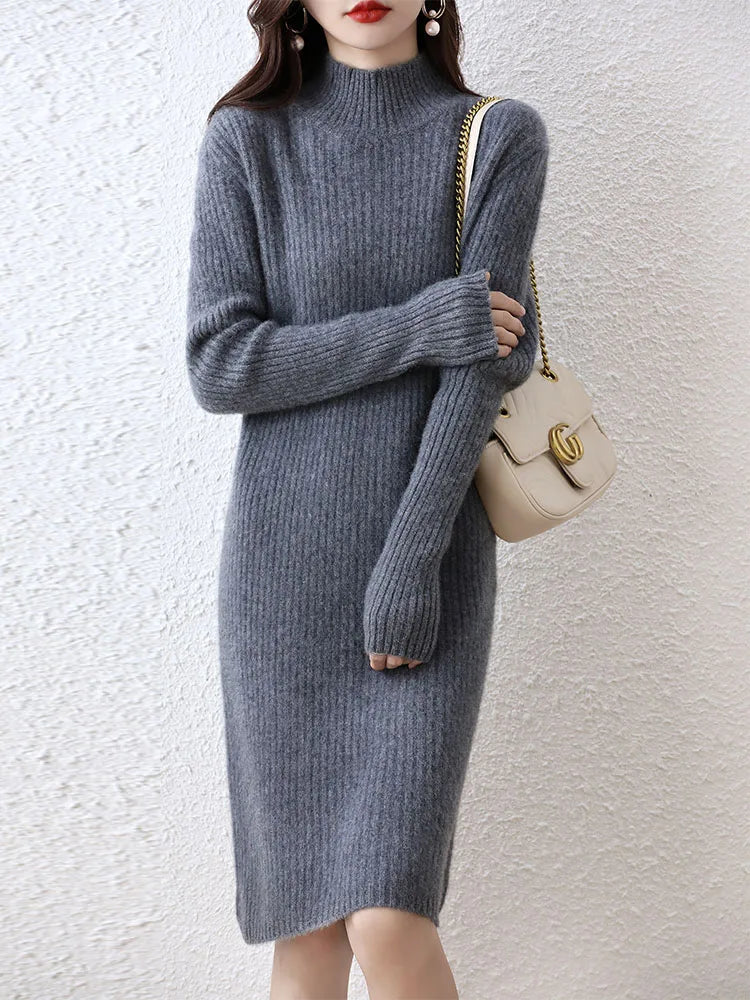 Fashion Cashmere Sweater Womens Knitted Dresses 100% Merino Wool Turtleneck Elegant Dress Autumn Winter Long Sleeve Short Skirts