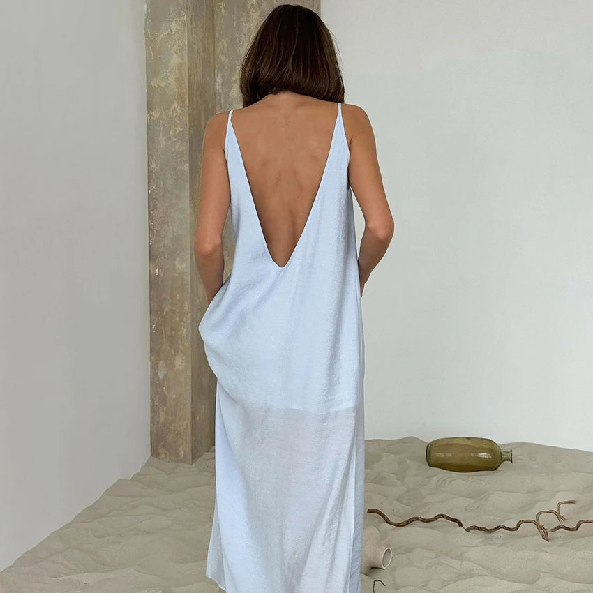 Linad Summer Casual White Long Dress Sexy Loose Backless Split Dresses Woman Street Chic V Neck Straight Dress For Women 2025