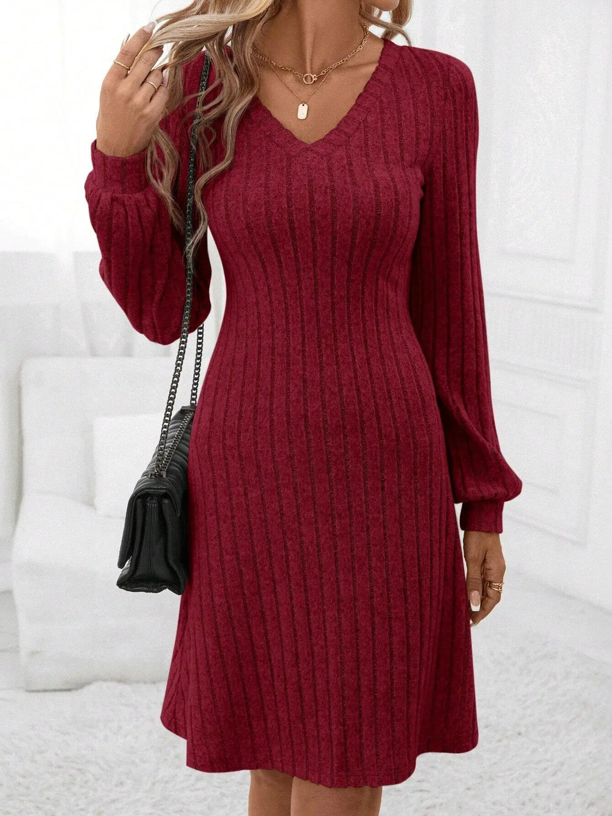Women Dresses 2026 new V-neck striped long-sleeved solid color autumn winter long sleeve knee length dresses clothing vestidoes