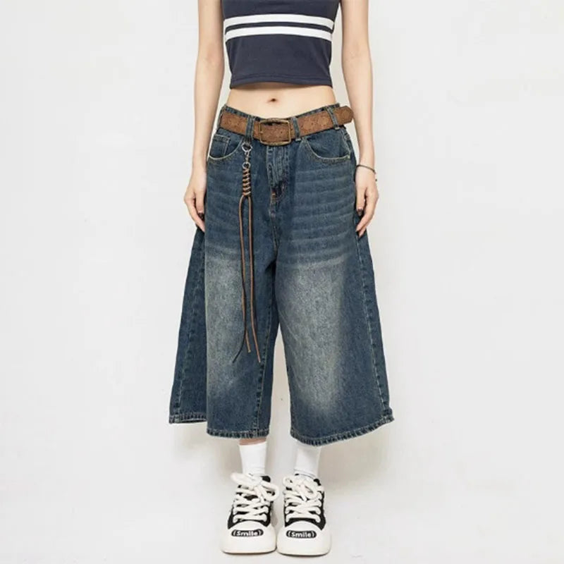 High Waist Black Retro Washed Denim Shorts Women's Harajuku Vintage Fashion Casual Loose Y2K Streetwear Mid Long Wide Leg Pants