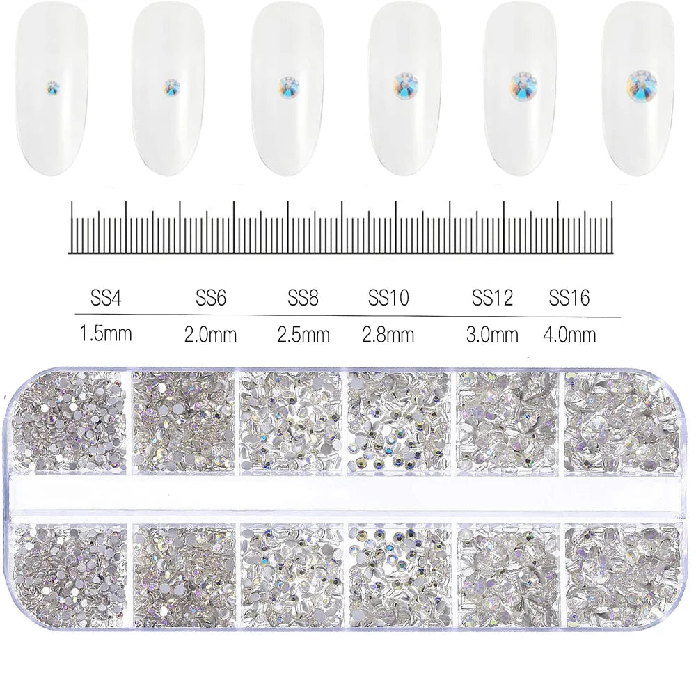 12Grid/1500PCS Shiny Crystal Nail Art Rhinestones SS4-16 Silver 3D Flatback Semicircler Nail Charms Gemstones for DIY Decoration