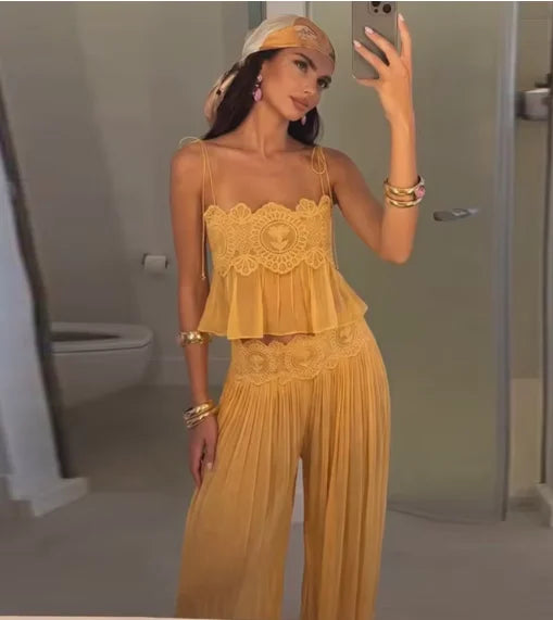 Women Pink Lace Double Strap Crop Top Two Piece Set Boho Sleeveless Flowy Matching Outfit 2026 Seaside Vacation Casual Outfits