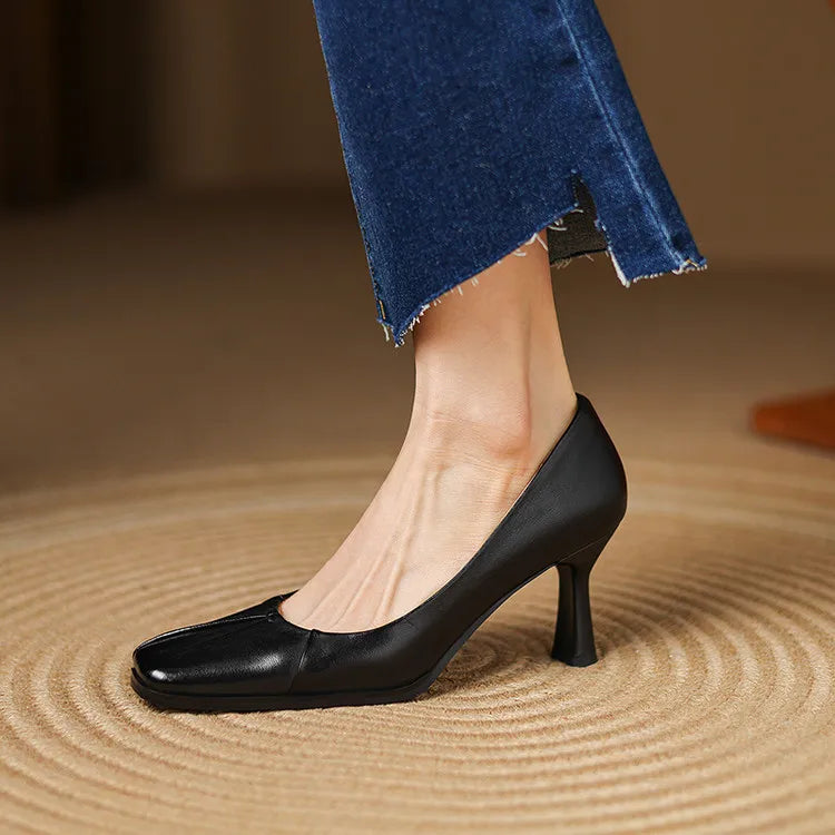 NEW Spring/Autumn Women Pumps Genuine Leather Shoes for Women Square Toe Thin Heel Shoes Concise Shallow High Heel Pleated Shoes