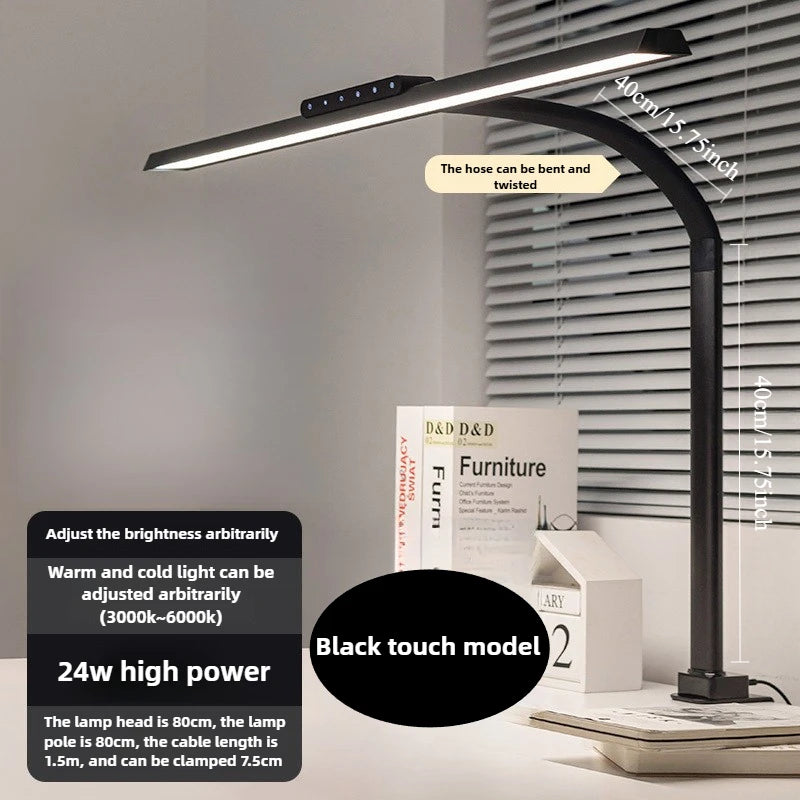 24W LED High Brightness Desk Lamp with Touch Remote Control Eye Protection Long Arm Clip-On for Student Computer Work Lighting