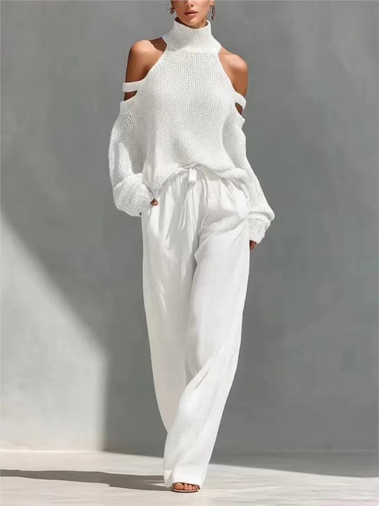 Fashion High Collar Sexy Hollow Off-shoulder Women's Knitted Tops 2-piece Set Spring Casual Loose Wide-leg Trousers Female Suit