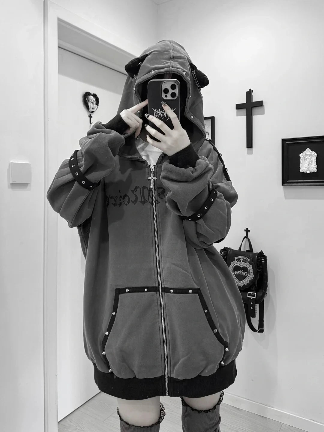 Black Cat Ear Zip Up Hoodie Japanese Subculture Women Devil Pinstripe Heart Print Oversized Metal Buckle Punk Streetwear Outfit
