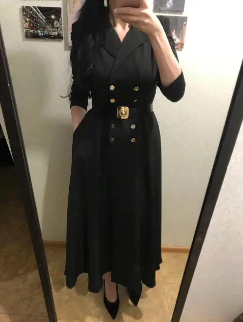 Modigirl 2025 Fall Spring Women’s Simple Black Maxi Dresses V-neck Formal Office Urban Winter Buttoned Dresses for Woman