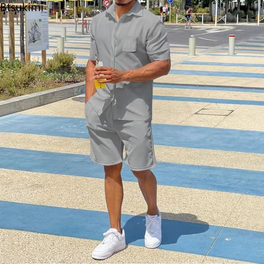 2026 Men's Summer Solid Casual Sets Comfy Cotton Linen Short Sleeve Lapel Shirt and Shorts Two Piece Sets Men Loose Sport Outfit