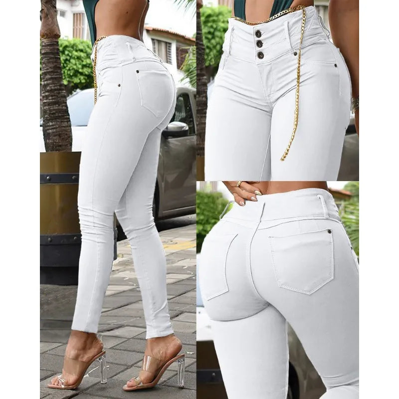 Spring Autumn New Pants Trousers Women's Solid Color High Waist Button Skinny Pants Women's Fashion Slim Fit Pencil Pants