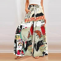 High Waist Drawstring Straight Women Pants 2024 Spring Fashion Loose Trousers Vintage Printed Casual Ladies Wide-Leg Long Pant