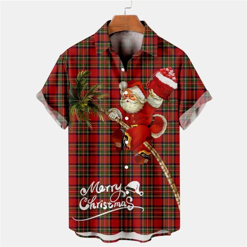 New Christmas Graphic Santa Claus Cosplay Men Shirts Hawaiian Harajuku Tops Short Print Tee Lapel Fashion Holiday Clothing