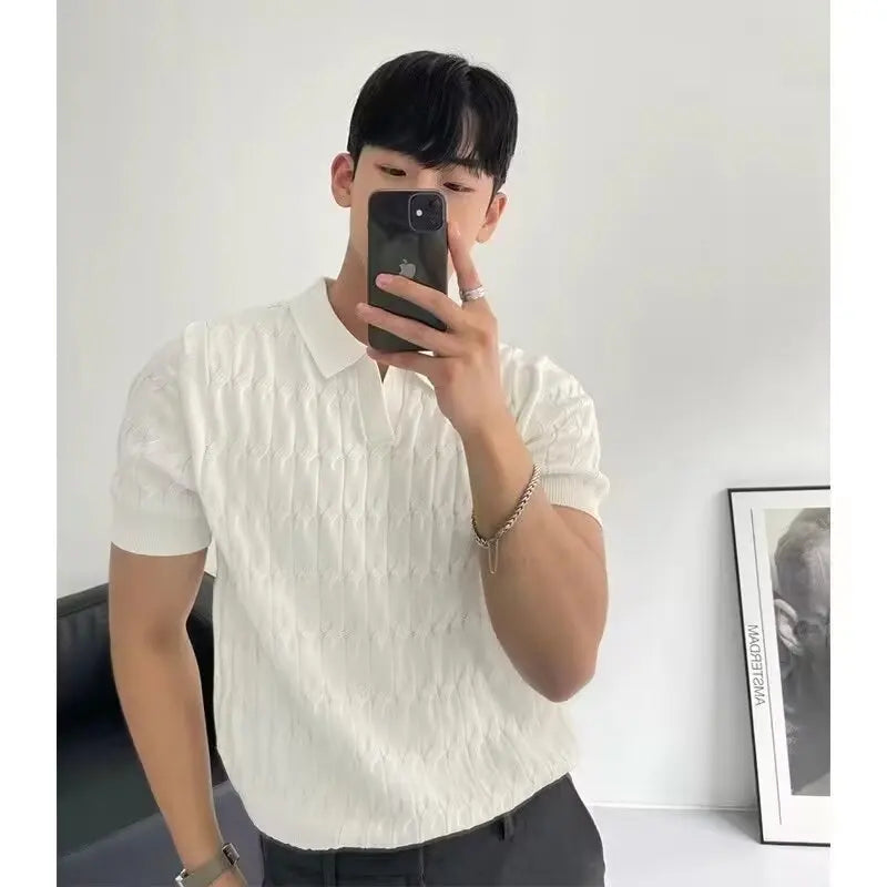 Trendy Polo Shirt for Men Summer Solid Color Top Versatile Knit Style Korean Short Sleeves Casual Fashion T-shirt