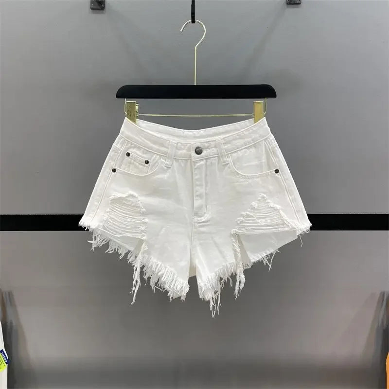 Women's Slim and Low Waist A-line Hairy Wide-leg Hot Girl Ripped Denim Shorts