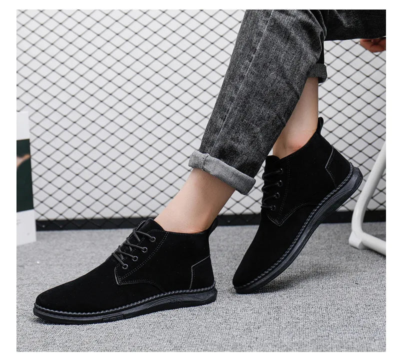 High Top Casual Grey Suede Shoes Men's Lace Up Black Flat Bottom Short Boots Men's Chelsea Boots High-quality Brand Denim Boots