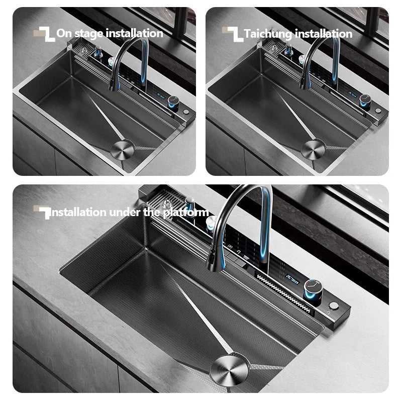 304 Sink Key Digital Display Waterfall Rain Sink Stainless Steel Large Single Trough Hand Basin Washing Dishes Under The Basin