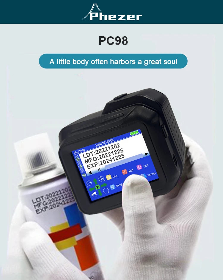 For Hp Phezer 2026 PC98 Mini Printer 28 Languages Portable Printer Handheld Inkjet Printer QR Bar Code Date Logo Expiry Date