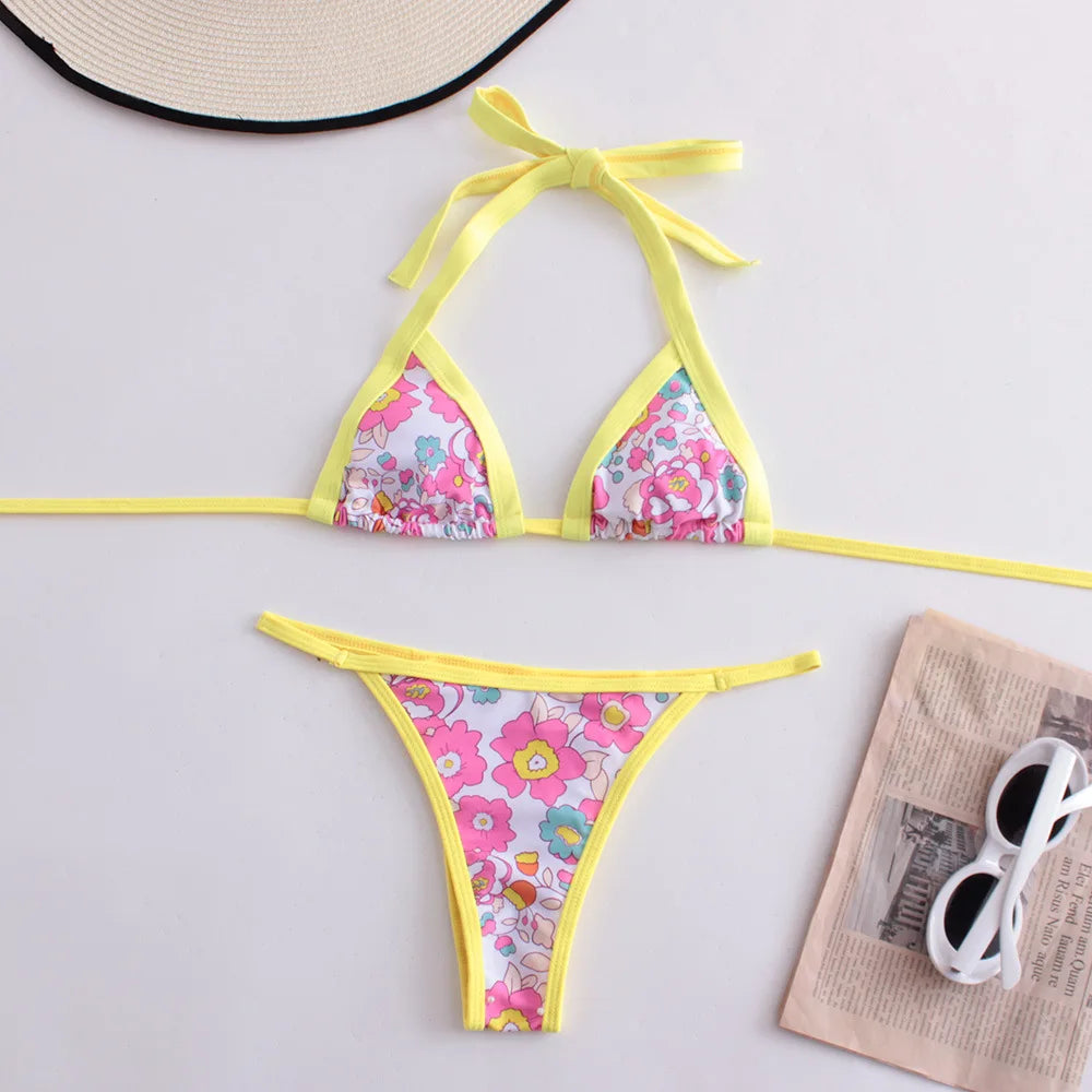 Sexy Bikini Swimsuit Digital Print Two-Piece Women's Triangle Soft Pack Swimwear Trendy Floral Pattern without Shoulder Straps