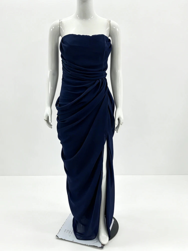 Elegant Backless Long Skirt Solid Color Simple High-Grade Waist Side-Opening Design Sexy Dinner Dress Celebrity Style